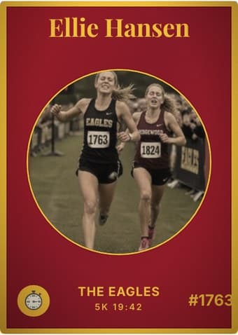 Cross Country card in the Vintage Card design — an aged photo in a gold-ringed circular window on a deep crimson card, with the name in a serif face arched across the top