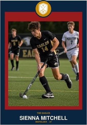 Field Hockey card in the Circle Badge design — a round sport badge centered at the top, the photo in a bordered frame below, and the name and position centered underneath