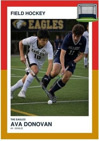 Field Hockey card in the Split Halves design — a border split into two colors top and bottom, the photo centered between them, and the name and details on a white footer