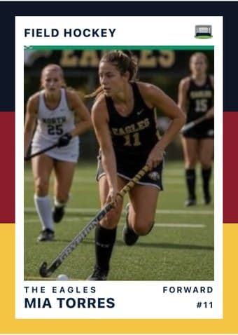 Field Hockey card in the Triple Split design — three stacked color bands down the left edge, the photo on a white field, and the name and details across the footer