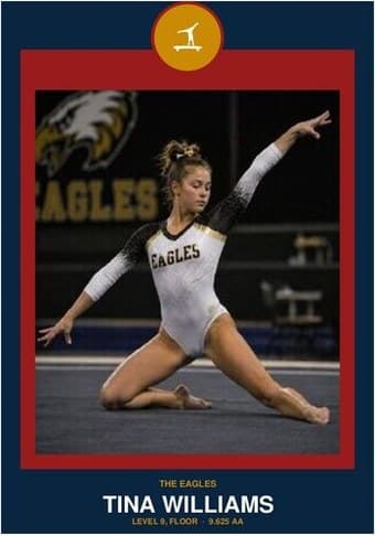 Gymnastics card in the Circle Badge design — a round sport badge centered at the top, the photo in a bordered frame below, and the name and position centered underneath