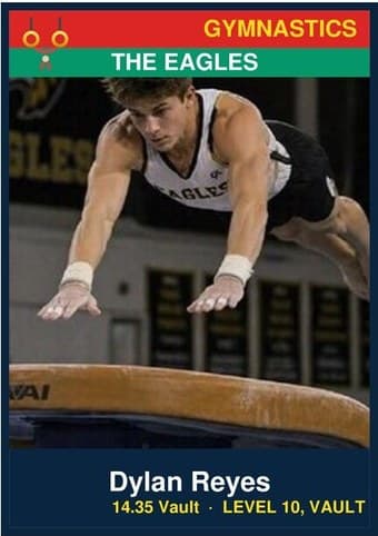 Gymnastics card in the Classic design — a color banner across the top, the photo below it, and the name and details on a dark footer bar