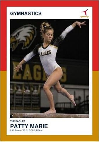 Gymnastics card in the Split Halves design — a border split into two colors top and bottom, the photo centered between them, and the name and details on a white footer