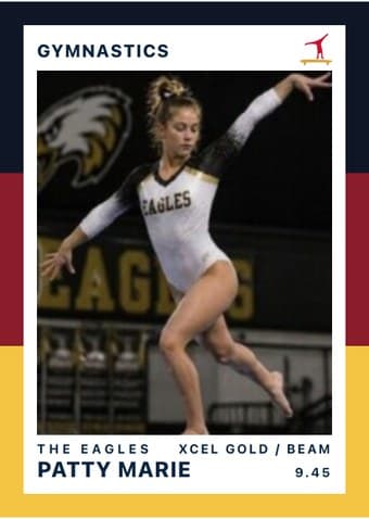 Gymnastics card in the Triple Split design — three stacked color bands down the left edge, the photo on a white field, and the name and details across the footer