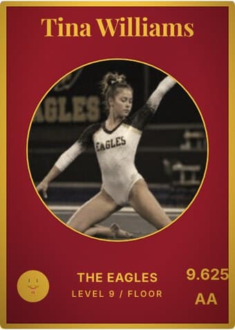 Gymnastics card in the Vintage Card design — an aged photo in a gold-ringed circular window on a deep crimson card, with the name in a serif face arched across the top