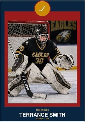 Hockey card in the Circle Badge design — a round sport badge centered at the top, the photo in a bordered frame below, and the name and position centered underneath