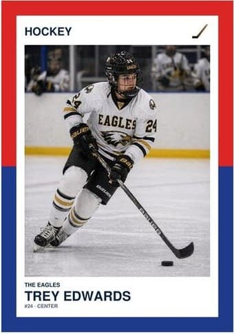 Hockey card in the Split Halves design — a border split into two colors top and bottom, the photo centered between them, and the name and details on a white footer