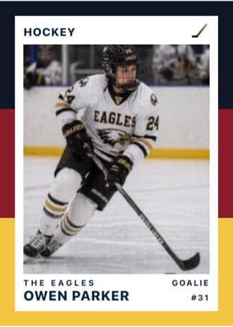 Hockey card in the Triple Split design — three stacked color bands down the left edge, the photo on a white field, and the name and details across the footer