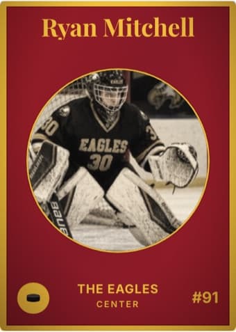 Hockey card in the Vintage Card design — an aged photo in a gold-ringed circular window on a deep crimson card, with the name in a serif face arched across the top