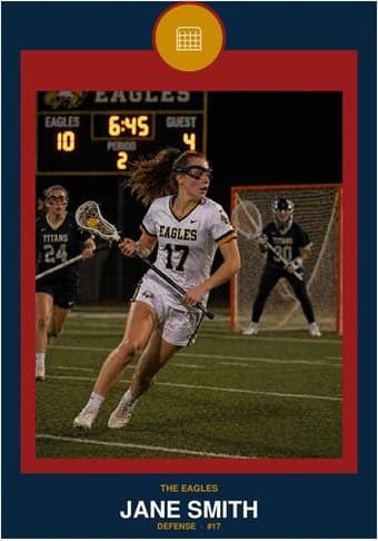 Lacrosse card in the Circle Badge design — a round sport badge centered at the top, the photo in a bordered frame below, and the name and position centered underneath