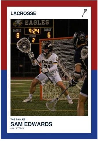 Lacrosse card in the Split Halves design — a border split into two colors top and bottom, the photo centered between them, and the name and details on a white footer