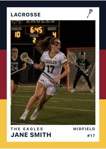 Lacrosse card in the Triple Split design — three stacked color bands down the left edge, the photo on a white field, and the name and details across the footer