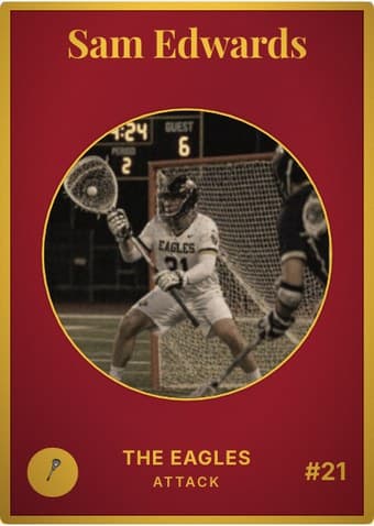 Lacrosse card in the Vintage Card design — an aged photo in a gold-ringed circular window on a deep crimson card, with the name in a serif face arched across the top