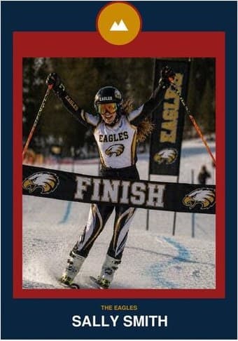 Ski card in the Circle Badge design — a round sport badge centered at the top, the photo in a bordered frame below, and the name and position centered underneath