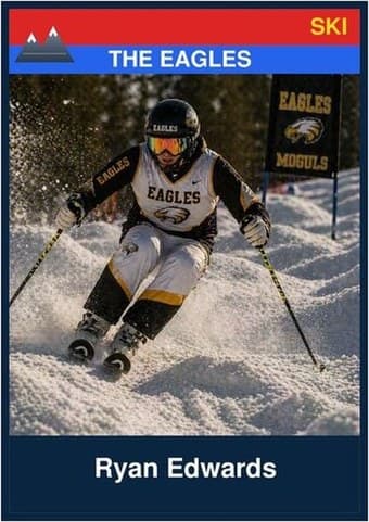 Ski card in the Classic design — a color banner across the top, the photo below it, and the name and details on a dark footer bar