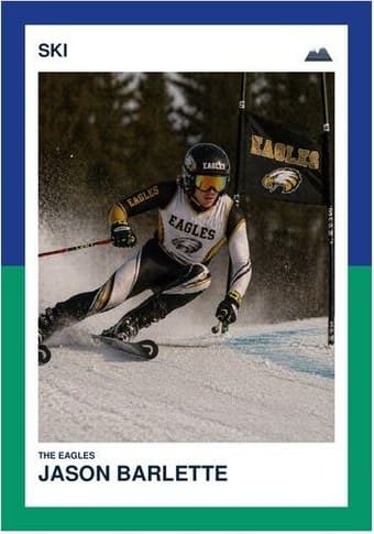 Ski card in the Split Halves design — a border split into two colors top and bottom, the photo centered between them, and the name and details on a white footer