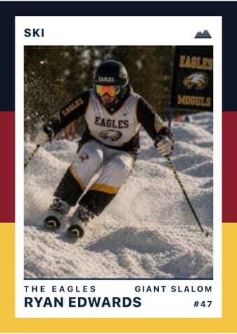 Ski card in the Triple Split design — three stacked color bands down the left edge, the photo on a white field, and the name and details across the footer