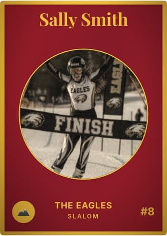 Ski card in the Vintage Card design — an aged photo in a gold-ringed circular window on a deep crimson card, with the name in a serif face arched across the top