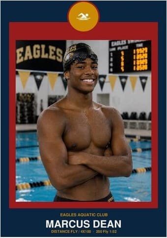Swim Team card in the Circle Badge design — a round sport badge centered at the top, the photo in a bordered frame below, and the name and position centered underneath