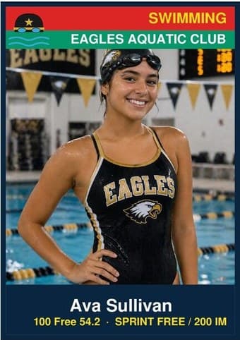 Swim Team card in the Classic design — a color banner across the top, the photo below it, and the name and details on a dark footer bar