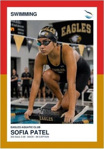 Swim Team card in the Split Halves design — a border split into two colors top and bottom, the photo centered between them, and the name and details on a white footer