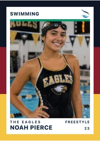 Swim Team card in the Triple Split design — three stacked color bands down the left edge, the photo on a white field, and the name and details across the footer