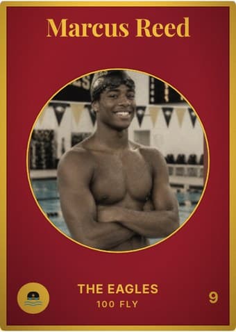 Swim Team card in the Vintage Card design — an aged photo in a gold-ringed circular window on a deep crimson card, with the name in a serif face arched across the top