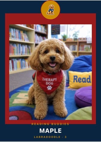 Therapy Dog card in the Circle Badge design — a round sport badge centered at the top, the photo in a bordered frame below, and the name and position centered underneath