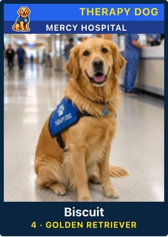 Therapy Dog card in the Classic design — a color banner across the top, the photo below it, and the name and details on a dark footer bar