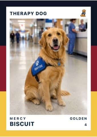 Therapy Dog card in the Triple Split design — three stacked color bands down the left edge, the photo on a white field, and the name and details across the footer