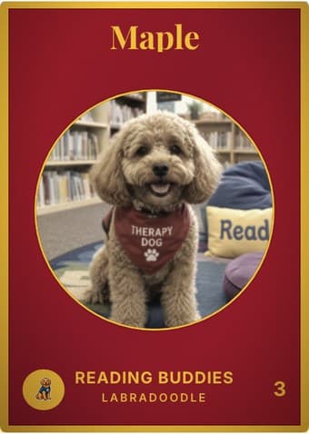 Therapy Dog card in the Vintage Card design — an aged photo in a gold-ringed circular window on a deep crimson card, with the name in a serif face arched across the top