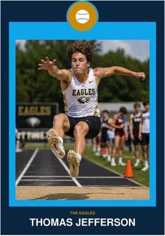 Track & Field card in the Circle Badge design — a round sport badge centered at the top, the photo in a bordered frame below, and the name and position centered underneath