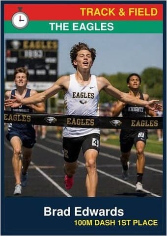 Track & Field card in the Classic design — a color banner across the top, the photo below it, and the name and details on a dark footer bar