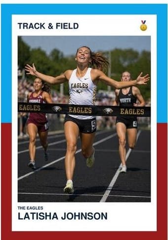 Track & Field card in the Split Halves design — a border split into two colors top and bottom, the photo centered between them, and the name and details on a white footer