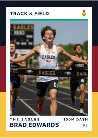 Track & Field card in the Triple Split design — three stacked color bands down the left edge, the photo on a white field, and the name and details across the footer