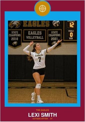 Volleyball card in the Circle Badge design — a round sport badge centered at the top, the photo in a bordered frame below, and the name and position centered underneath