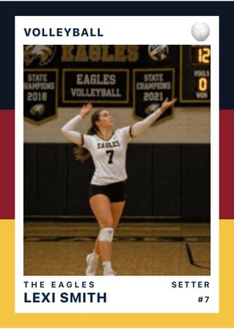 Volleyball card in the Triple Split design — three stacked color bands down the left edge, the photo on a white field, and the name and details across the footer
