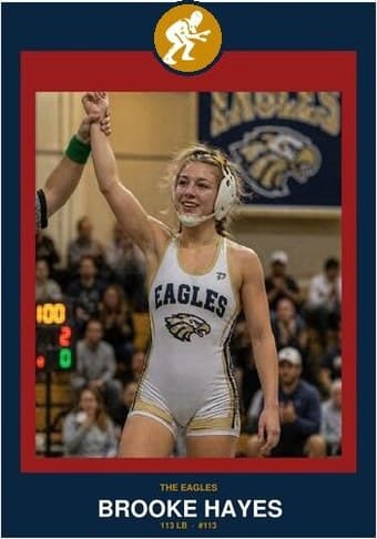 Wrestling card in the Circle Badge design — a round sport badge centered at the top, the photo in a bordered frame below, and the name and position centered underneath