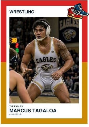 Wrestling card in the Split Halves design — a border split into two colors top and bottom, the photo centered between them, and the name and details on a white footer