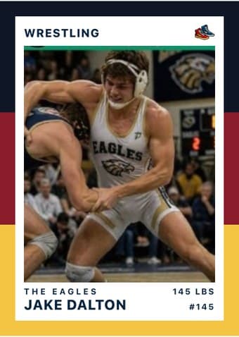 Wrestling card in the Triple Split design — three stacked color bands down the left edge, the photo on a white field, and the name and details across the footer