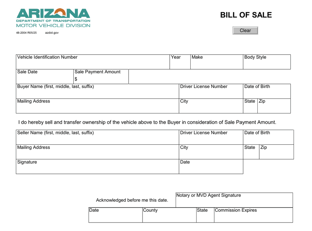 Arizona Form 48-2004, first page — VIN, sale price and notary block