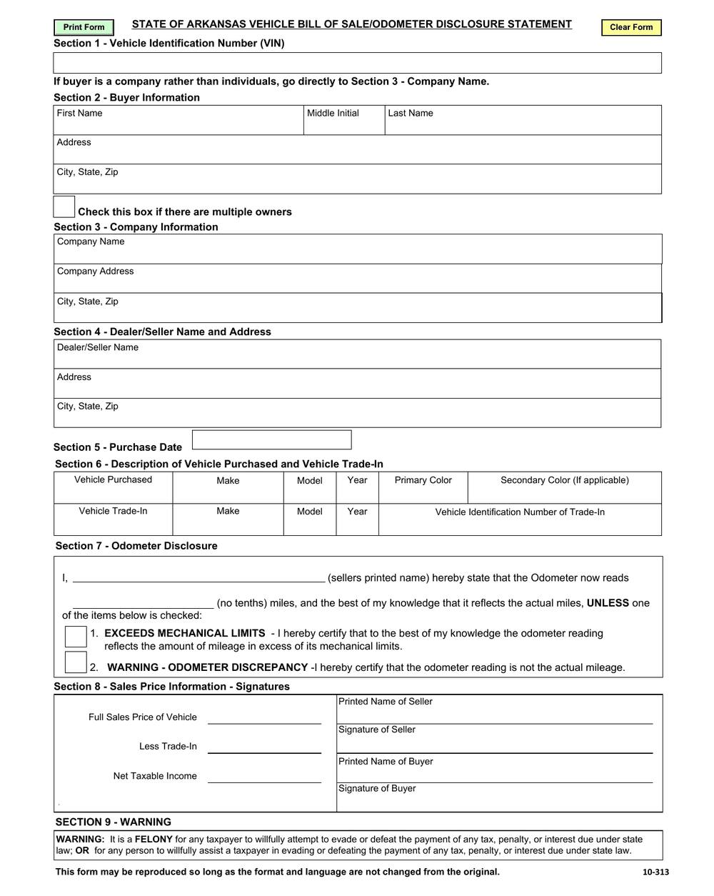 Arkansas Form 10-313, first page — VIN, odometer reading and sale price