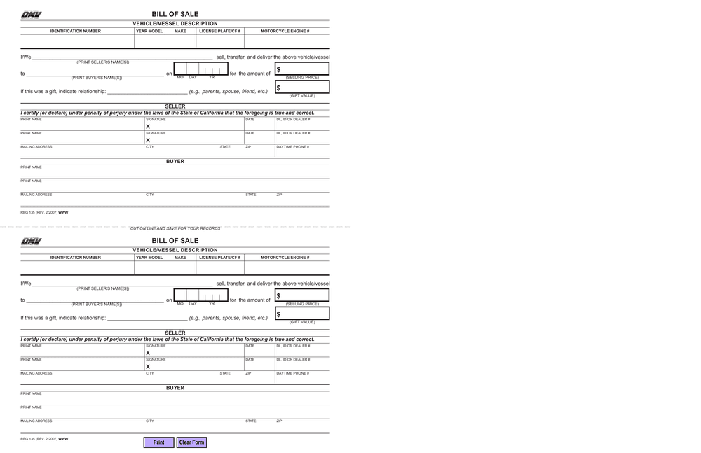 California Form REG-135, first page — sale price, vessel and hull fields and buyer and seller signature lines