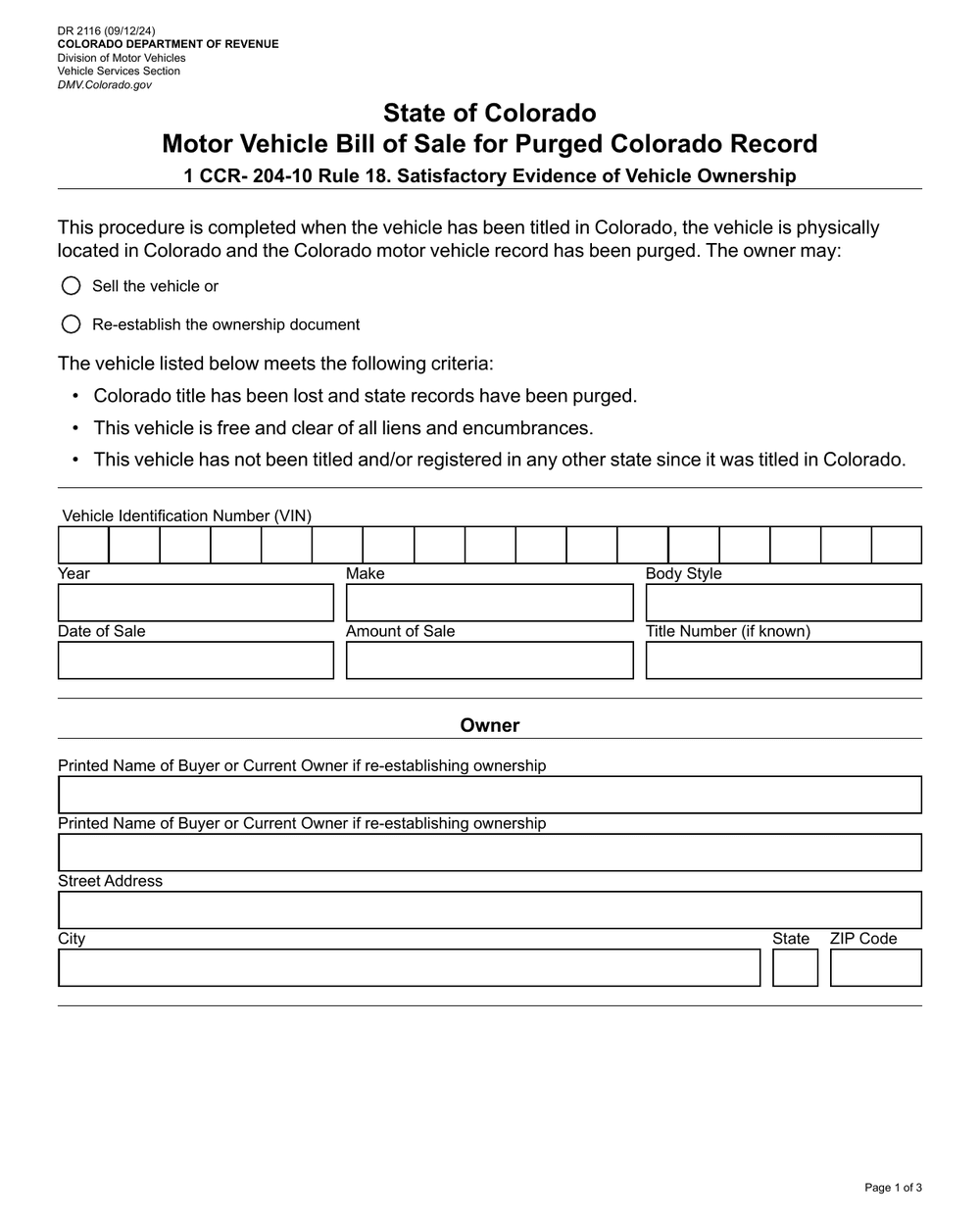 Colorado Department of Revenue Form DR-2116, first page — VIN and sale price