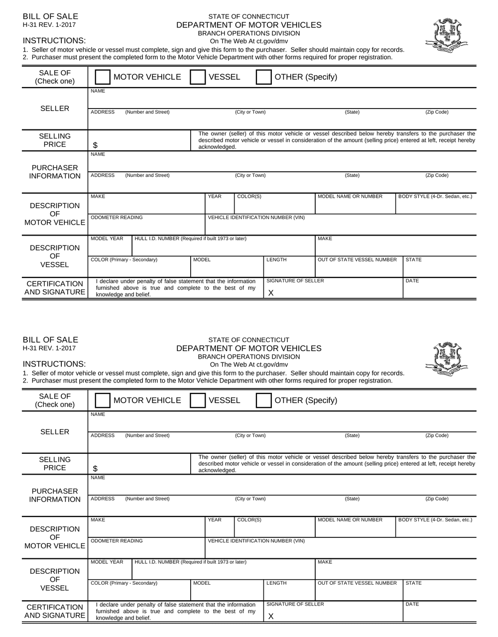 Connecticut DMV Form H-31, first page — VIN, odometer reading and sale price