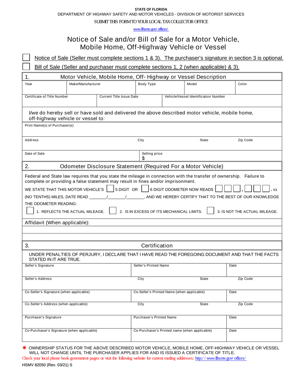 Florida Department of Highway Safety and Motor Vehicles Form HSMV-82050, first page — odometer reading, vessel and hull fields and buyer and seller signature lines