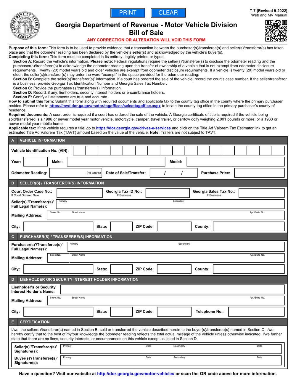 Georgia Department of Revenue Form T-7, first page — VIN, odometer reading and sale price