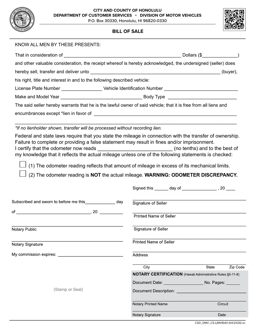 Hawaii official bill of sale, first page — VIN, odometer reading and plate number