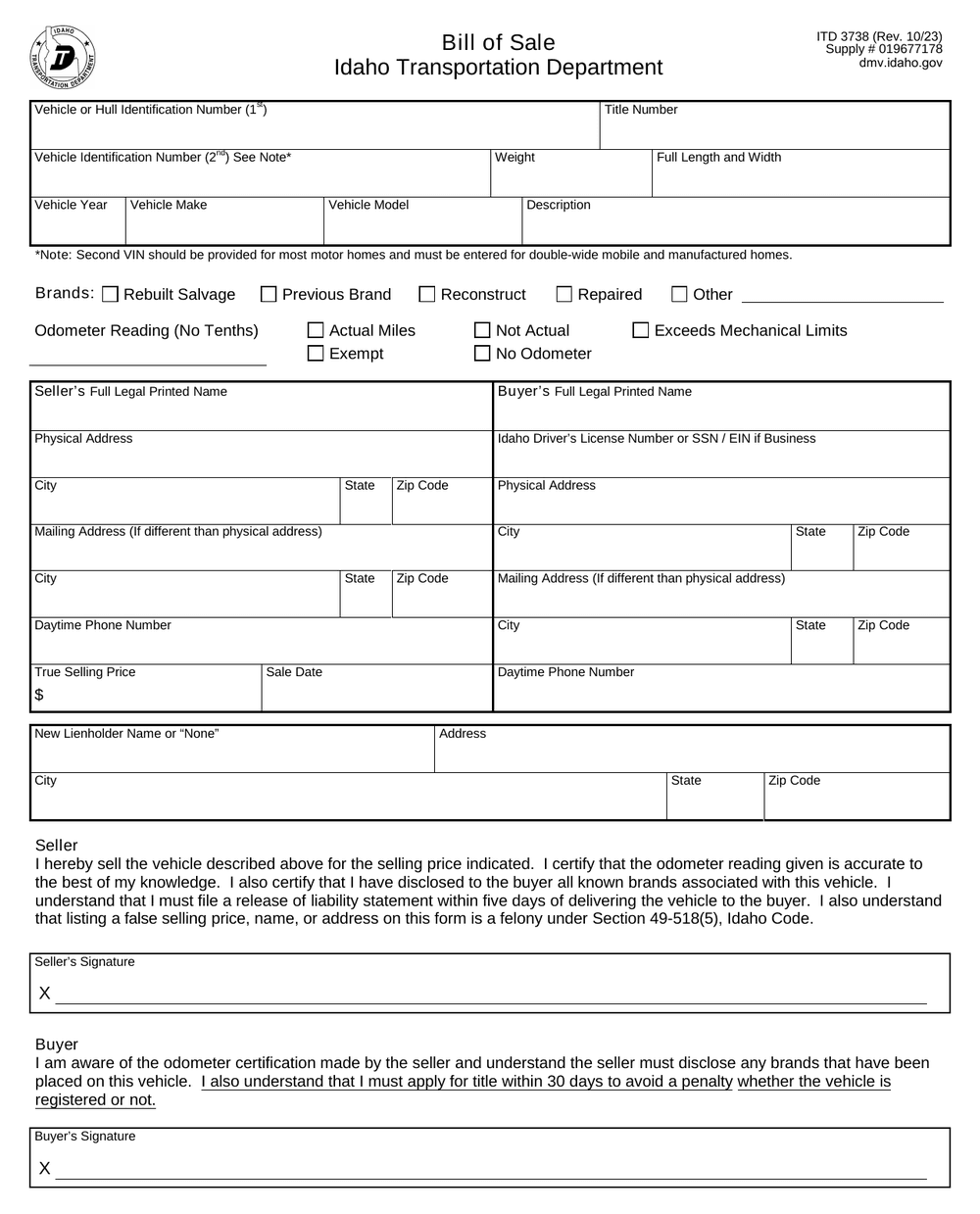 Idaho DMV Form ITD-3738, first page — VIN, odometer reading and vessel and hull fields