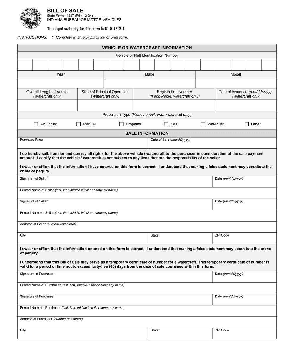 Indiana Form 44237, first page — sale price, vessel and hull fields and buyer and seller signature lines
